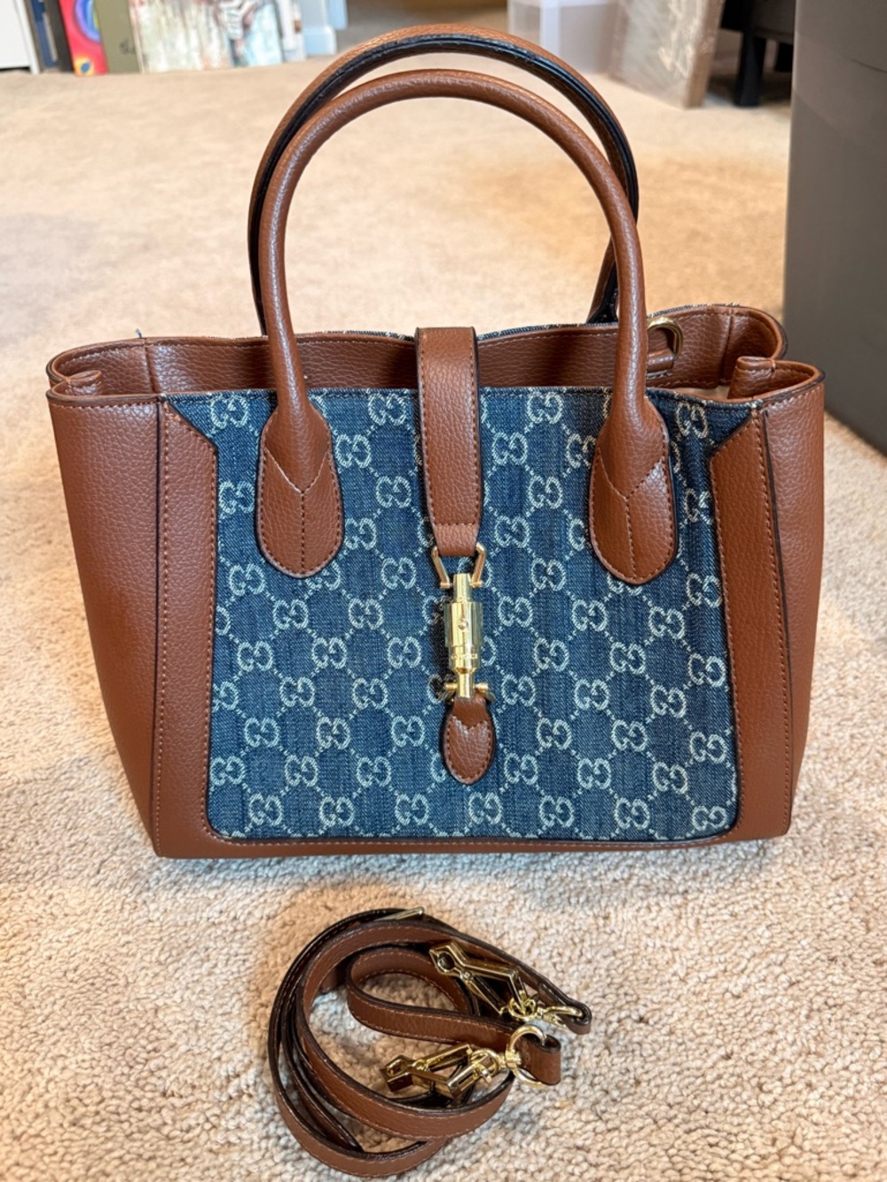 Luxury Inspired Brown Leather and Blue GG Canvas Handbag